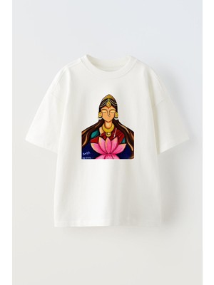 Nmg Tekstil Unisex Beyaz Oversize Pamuk Papatya Yaprak Büyücü Baskılı Örme T-Shirt