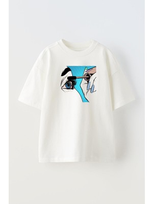 Nmg Tekstil Unisex Beyaz Oversize Pamuk Kirpiğe Kalem Çekme Baskılı Örme T-Shirt
