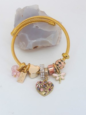 Pina Hediyelik Aksesuar Çelik Pembe Kelebek Kalp Charmlı Zirkon Taşlı Bileklik