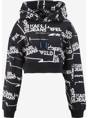 Karl Lagerfeld Kapüşon Yaka Baskılı Siyah - Beyaz Kadın Sweatshırt 240J1805