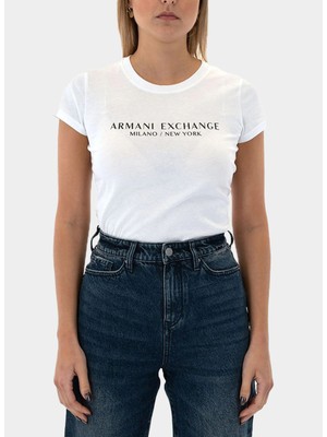 Armani Exchange Bisiklet Yaka Baskılı Beyaz Kadın T-Shirt 8nytab