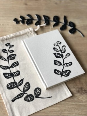 Hayat Ağacı Atölyesi "okaliptus" El Baskılı Kanvas Çizgisiz Defter & Bez Kese Seti / Günlük Ajanda