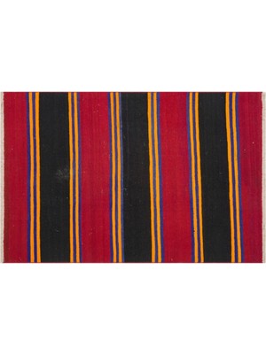 Grand Hedef Halı Anadolu El Dokuma Mavi Turuncu Çizgili Vintage Kilim