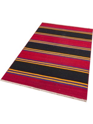 Grand Hedef Halı Anadolu El Dokuma Mavi Turuncu Çizgili Vintage Kilim