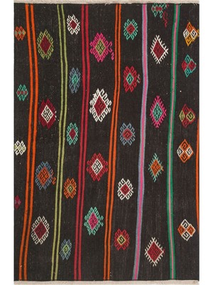 Grand Hedef Halı Gerçek El Dokuma Çizgili Çiçekli Vintage Kilim