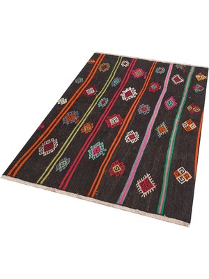 Grand Hedef Halı Gerçek El Dokuma Çizgili Çiçekli Vintage Kilim