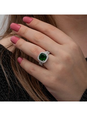 Stil Love Gümüş Yeşil Baget Kare Kadın Yüzük
