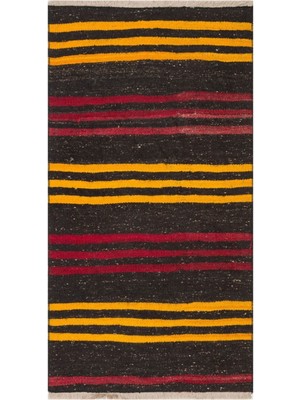 Grand Hedef Halı Gerçek El Dokuma Kırmızı Sarı Çizgili Vintage Kilim