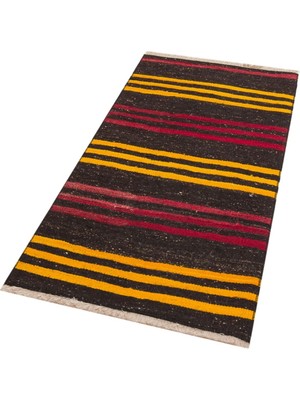 Grand Hedef Halı Gerçek El Dokuma Kırmızı Sarı Çizgili Vintage Kilim