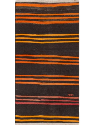 Grand Hedef Halı Anadolu El Dokuma Siyah Turuncu Rengi Çizgili Vintage Kilim