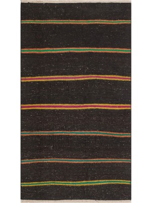 Grand Hedef Halı Gerçek El Dokuma Siyah Renk Sarı Fuşya Çizgili Vintage Kilim