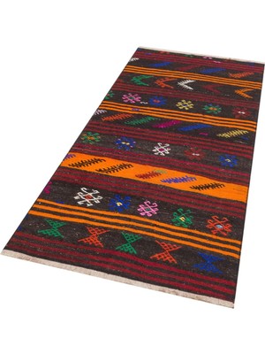 Grand Hedef Halı El Dokuma Turuncu Çizgili Renkli Çiçekli Desen Vintage Kilim