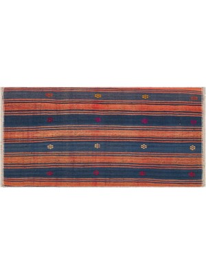 Grand Hedef Halı Eşsiz El Dokuma Larcivert Kiremit Renk Çizgili El Dokuma Vintage Kilim