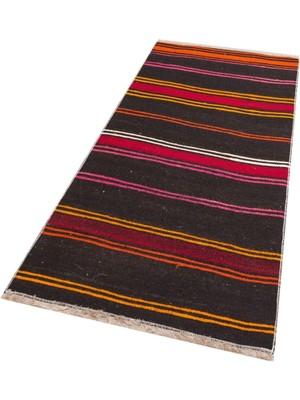 Grand Hedef Halı Gerçek El Dokuma Pembe Sarı Rengi Çizgili Vintage Kilim