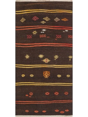 Grand Hedef Halı Eşsiz Anadolu El Dokuma Siyah Renk Sarı Turuncu Çiçekli Vintage Kilim