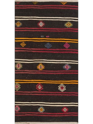 Grand Hedef Halı Gerçek El Dokuma Renkli Çizgili Vintage Kilim