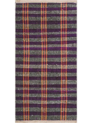 Grand Hedef Halı Anadolu El Dokuma Mor Grı Rengi Karışık Çizgili Vintage Kilim