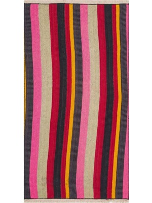 Grand Hedef Halı Eşsiz El Dokuma Pembe Sari Çizgili Vintage Kilim