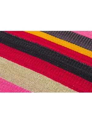 Grand Hedef Halı Eşsiz El Dokuma Pembe Sari Çizgili Vintage Kilim