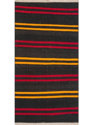 Grand Hedef Halı Gerçek El Dokuma Sarı Kırmızı Rengi Çizgili Desen Vintage Kilim