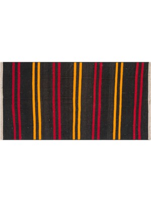 Grand Hedef Halı Gerçek El Dokuma Sarı Kırmızı Rengi Çizgili Desen Vintage Kilim