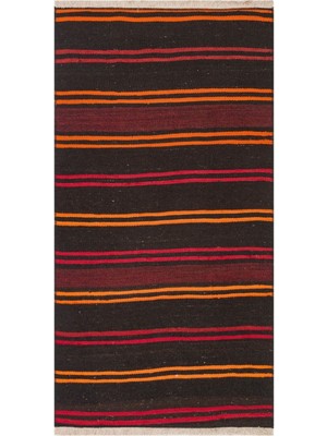 Grand Hedef Halı Gerçek El Dokuma Turuncu Kırmızı Renk Çizgili Vintage Kilim