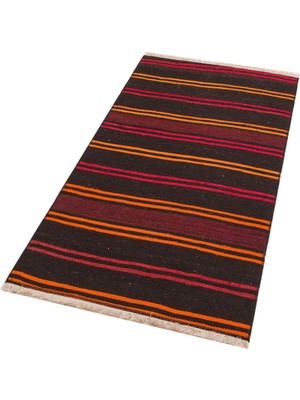 Grand Hedef Halı Gerçek El Dokuma Turuncu Kırmızı Renk Çizgili Vintage Kilim