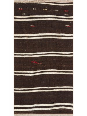 Grand Hedef Halı Anadolu El Dokuma Beyaz Rengi Çizili Siyah Vintage Kilim