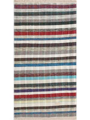 Grand Hedef Halı Beyaz Renkli Çizgili Desen El Dokuma Vintage Kilim