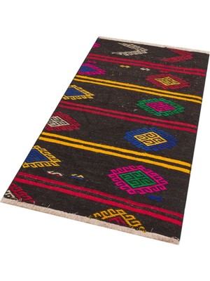 Grand Hedef Halı Siyah Renk Multı Renk Çiçekli El Dokuma Vintage Kilim