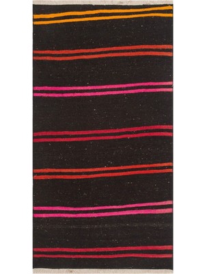 Grand Hedef Halı Siyah Renk Pembe Turunce Renk Çizgili Vintage Kilim