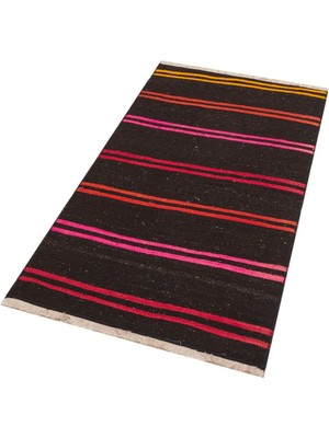 Grand Hedef Halı Siyah Renk Pembe Turunce Renk Çizgili Vintage Kilim