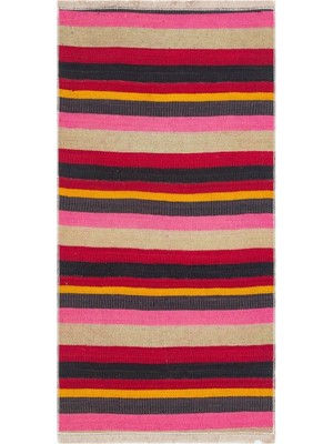 Grand Hedef Halı Pembe Krem Rengi Çizgili Desen Vintage Kilim