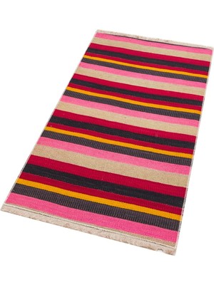 Grand Hedef Halı Pembe Krem Rengi Çizgili Desen Vintage Kilim