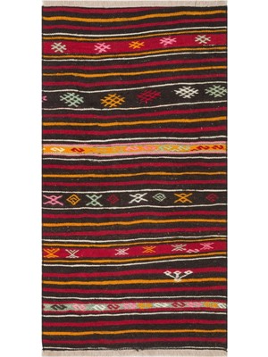 Grand Hedef Halı Anadolu El Dokuma Siyah Sarı Renk Çizgili Vintage Kilim