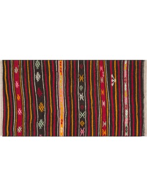 Grand Hedef Halı Anadolu El Dokuma Siyah Sarı Renk Çizgili Vintage Kilim