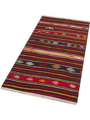 Grand Hedef Halı Anadolu El Dokuma Siyah Sarı Renk Çizgili Vintage Kilim