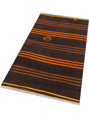 Grand Hedef Halı Anadolu El Dokuma Siyah Turuncu Çizgili Vintage Kilim