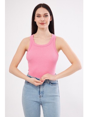 bebekokusu Kadın Pembe Fitilli Likralı T-Shirt Halter Yaka Örme Atlet