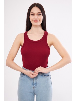 bebekokusu Kadın Bordo Fitilli Likralı T-Shirt Halter Yaka Örme Atlet