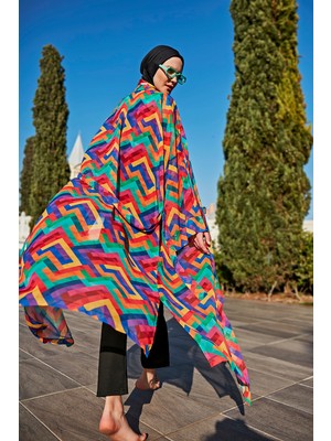 Remsa Mayo Remsa Tesettür Mayo Üzerine Tek Kaftan Kimono Pareo RP016 Tetris