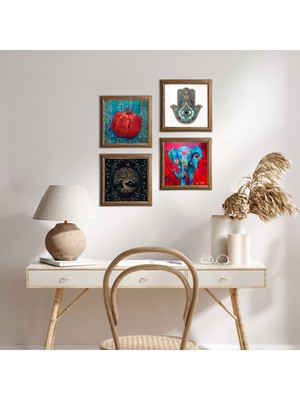 Pinecone Stone Fil, Hayat Ağacı, Nar, Fatma Ana Eli (Hamsa) Ahşap Çerçeveli Taş Duvar Tablosu 4’lü Set – 25x25 cm Dekoratif Modern Sanat – Ev ve Ofis Dekoru |W4-874|