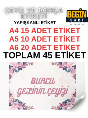 Begin Sarf A4 A5 A6 35 Adet Çeyiz Bohça Koli Paket Etiketi Isme Özel Yapışlanlı Etiket 007