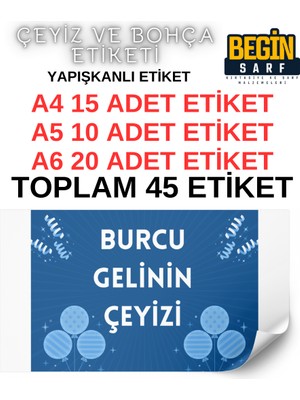 Begin Sarf A4 A5 A6 35 Adet Çeyiz Bohça Koli Paket Etiketi Isme Özel Yapışlanlı Etiket 016