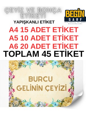 Begin Sarf A4 A5 A6 35 Adet Çeyiz Bohça Koli Paket Etiketi Isme Özel Yapışlanlı Etiket 006