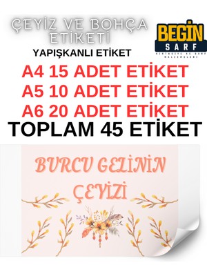 Begin Sarf A4 A5 A6 35 Adet Çeyiz Bohça Koli Paket Etiketi Isme Özel Yapışlanlı Etiket 001