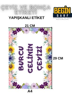 Begin Sarf A4 A5 A6 35 Adet Çeyiz Bohça Koli Paket Etiketi Isme Özel Yapışlanlı Etiket 008