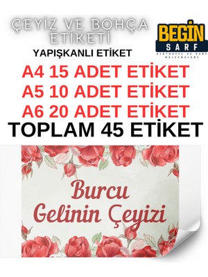 Begin Sarf A4 A5 A6 35 Adet Çeyiz Bohça Koli Paket Etiketi Isme Özel Yapışlanlı Etiket 019