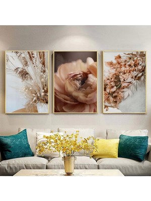 Kolaj Tasarım Pastel Bahar Esintisi Üçlü Metal Çerçeveli Tablo Seti