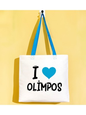 Bk Gift I Love Olimpos Turkuaz Renkli Kulp Gabardin Bez Çanta 40X35CM, Baskılı Omuz Çantası, Alışveriş Çantası, Plaj Çantası